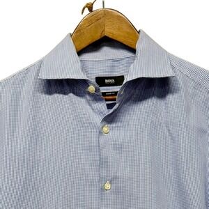 Hugo Boss Sharp Fit Mens 16.5 34/35 Dress Shirt  Blue White Micro Gingham Plaid